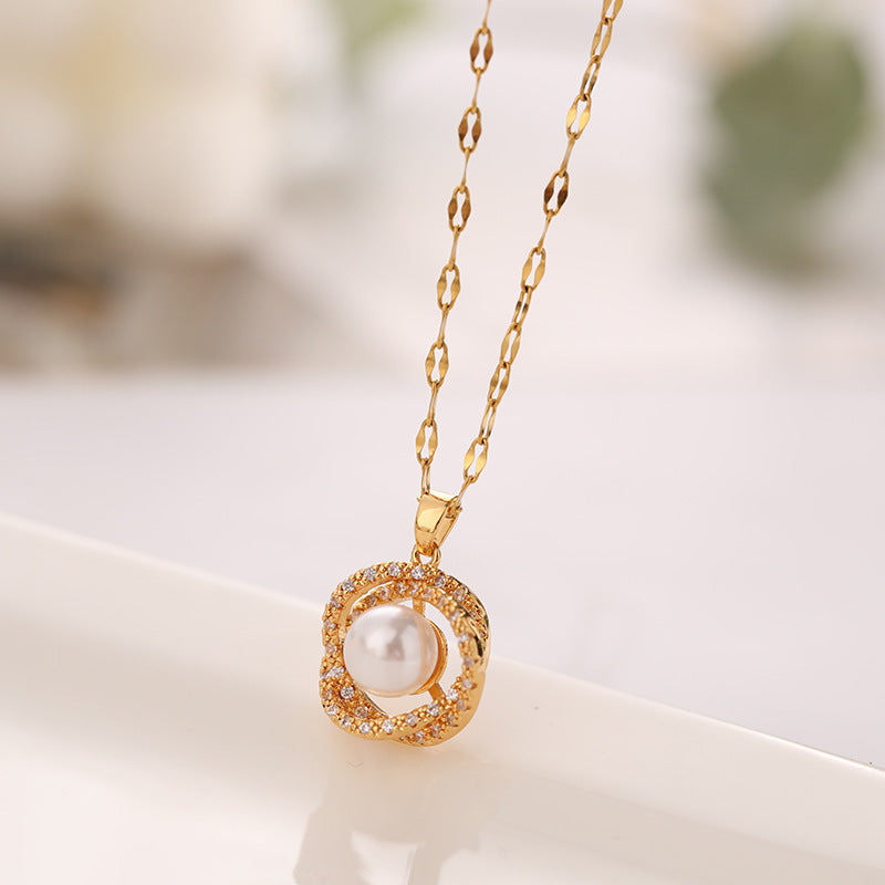 Titanium Steel Necklace Women''s Hollow Bird''s Nest Imitation Pearl Pendant